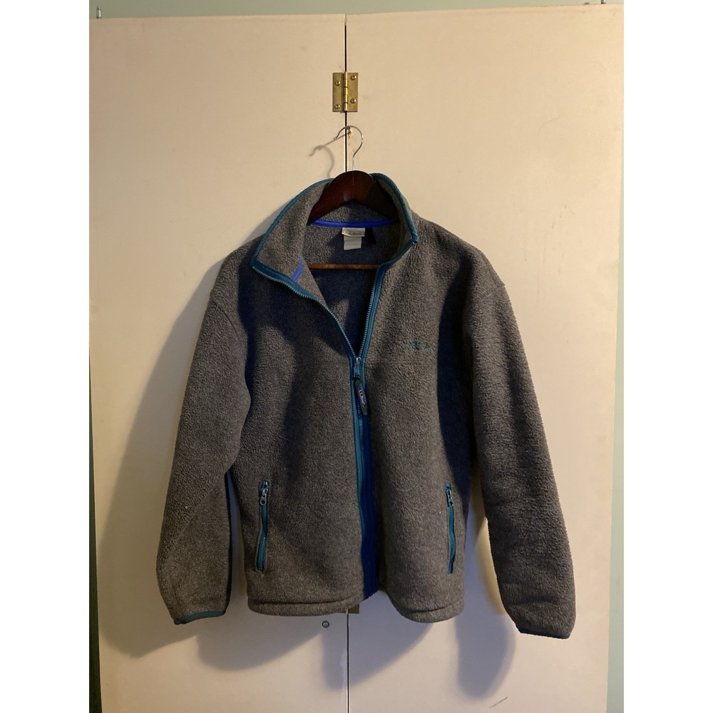 LL Bean Fleece Jacket Mens Small Gray Good Vintage Full Zip Mock Neck Teal Trim